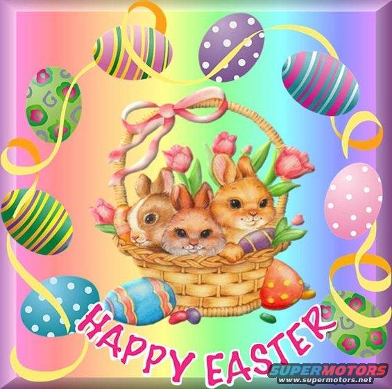 Easter basket with bunnies, tulips, and decorated eggs. Text says 'HAPPY EASTER'