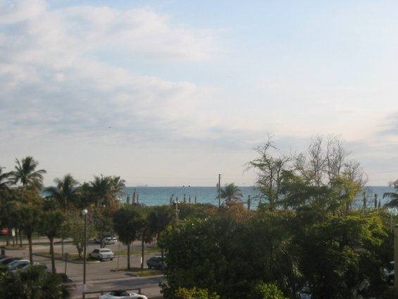 Parking lot with several cars and palm trees in front of a blue ocean under a cloudy sky