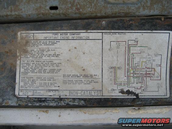 Ford Motor Company Important Engine Information sticker with vacuum hose routing diagram. Text indicates 1986 model year