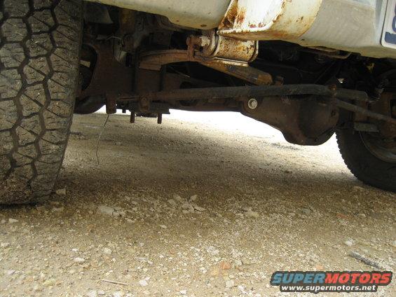 Undercarriage of a rusty vehicle, showing suspension and tire