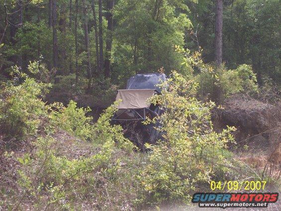 Off-road vehicle with a tan canopy, partially obscured by foliage, in a wooded area