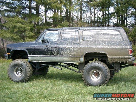 Lifted, mud-covered Chevrolet Suburban, side view