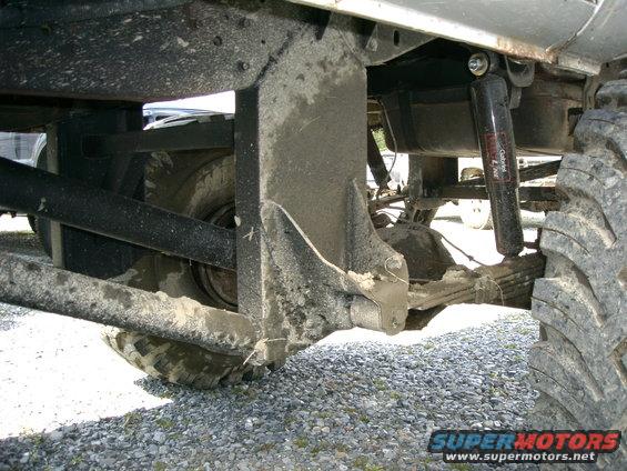 Close-up of a vehicle's rear suspension, showing leaf springs, shock absorber, and tire