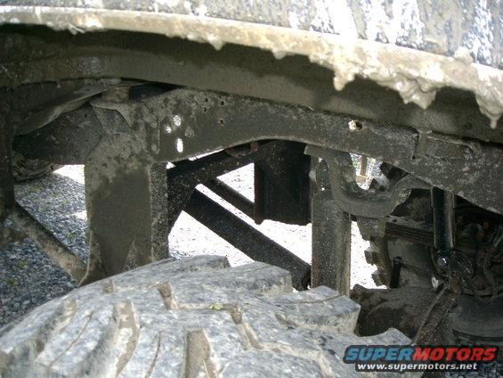 Underside of a dirty vehicle, showing frame, suspension, and tire