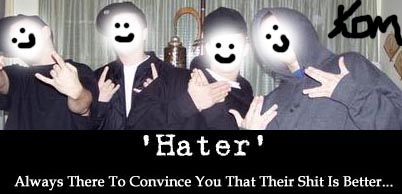 four people with smiley faces over their faces posing for a photo, with text below saying 'Hater' and 'Always There To Convince You That Their Shit Is Better'
