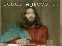 Text 'Jesus Agrees...' over a man with long hair and beard