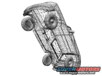 Wireframe rendering of an SUV, possibly a Ford Bronco, tilted on its side. Supermotors.net logo visible