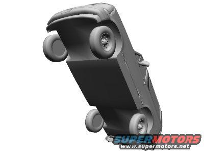 3D model of a gray car tilted upwards, showing underside and wheels