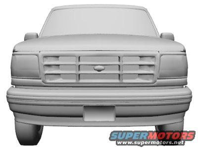 Front view of a gray 1990s Ford F-Series truck grille and headlights. License plate area is blank