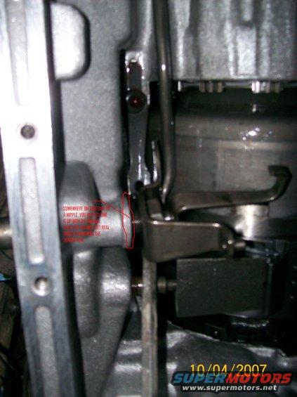 Transmission linkage with red circle and text annotation