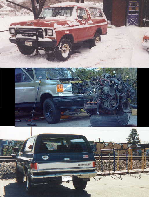 Red 1979 Ford Bronco in snow, front 3/4 view