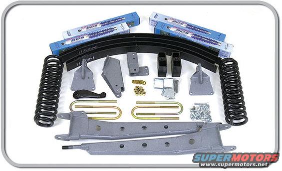 Suspension lift kit with springs, leaf springs, U-bolts, and brackets