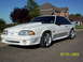 1991 Ford Mustang - A white coupe with a prominent aftermarket hood sits parked on a residential street under a clear blue sky.