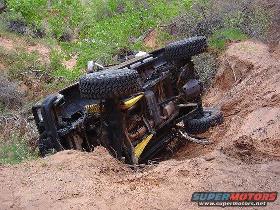 Black SUV overturned on its side in a sandy ditch, showing its undercarriage and suspension