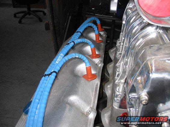 Engine valve cover with blue spark plug wires and orange boots, chrome intake manifold