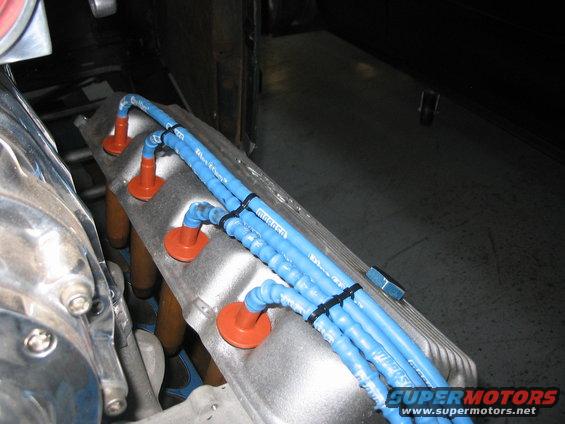 Blue spark plug wires on an engine valve cover
