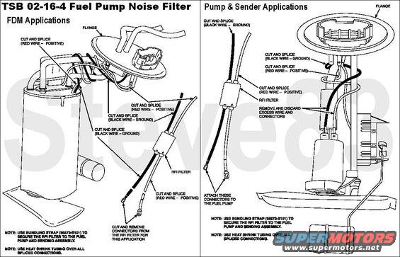 tsb021604fdmrfi.jpg TSB 02-16-4  Fuel Pump Whining/Buzzing Comes Through Radio Speaker 
Publication Date: AUGUST 6, 2002  

FORD:
1990-1994 TEMPO 
1990-1997 ESCORT, PROBE, THUNDERBIRD 
1990-1998 MUSTANG 
1990-1999 TAURUS 
1990-2002 CROWN VICTORIA 
1997-1999 CONTOUR 
2001 TAURUS 
1990 BRONCO II 
1990-1996 BRONCO 
1990-1997 AEROSTAR, F SUPER DUTY, F-250 HD, F-350 
1990-1999 F-250 LD 
1990-2002 ECONOLINE, F-150, RANGER 
1991-2002 EXPLORER 
1995-2002 WINDSTAR 
1997-2003 EXPEDITION 
1999-2002 SUPER DUTY F SERIES 
2000-2002 EXCURSION, EXPLORER SPORT TRAC, EXPLORER SPORT 
2001-2002 ESCAPE

LINCOLN:
1990-1992 MARK VII 
1990-1994 CONTINENTAL 
1990-2002 TOWN CAR 
1998-2003 NAVIGATOR 
2002 BLACKWOOD

MERCURY:
1990-1994 TOPAZ 
1990-1997 COUGAR 
1990-1999 SABLE 
1990-2002 GRAND MARQUIS 
1991-1997 TRACER 
1997-1999 MYSTIQUE 
2001 SABLE 
1993-2002 VILLAGER 
1997-2002 MOUNTAINEER  

ISSUE: A &quot;whining&quot;/&quot;buzzing&quot; noise in the speakers of the entertainment radio or two-way radio on vehicles with an in-tank electric fuel pump may be caused by electrical noise from the fuel pump. 

ACTION: Install an electronic noise Radio Frequency Interference (RFI) Filter (F1PZ-18B925-A) on the fuel pump inside the fuel tank. Refer to the following Test Procedure to confirm that the concern exists, then refer to the Service Procedure for repair details. 

NOTE:  IF THE VEHICLE HAS AN ELECTRONIC RETURNLESS FUEL SYSTEM, DO NOT INSTALL A RFI FILTER INLINE TO THE FUEL PUMP. ONLY VEHICLES WITH MECHANICAL RETURNLESS FUEL SYSTEMS (PRESSURE REGULATOR IN THE TANK), OR SYSTEMS WITH THE PRESSURE REGULATOR ON THE FUEL RAIL SHOULD BE APPROVED FOR THE RFI FILTER INSTALLATION.  

NOTE:  SOME LIGHT TRUCKS REQUIRE ONE (1) RFI FILTER FOR EACH IN-TANK ELECTRIC FUEL PUMP ON MULTI-TANK VEHICLES.  

NOTE:  THIS TSB DOES NOT INCLUDE TAURUS FLEXIBLE FUEL VEHICLES (FFVs) OR 1999 RANGER 3.0L FFVs.  

TEST PROCEDURE 
Fuel pump radio noise is relatively constant and changes only slightly with vehicle speed. If the frequency of the noise varies or the noise comes and goes with the vehicle speed, then it is not the fuel pump and this fix will not be effective. The following procedure will help determine if the fuel pump is the cause of the radio noise: 

Turn on the radio before the key is turned on (assuming the radio will operate without the ignition key - you may need to put the ignition key in the Accessory position). Turn the ignition key to the Run position (do not start the engine). The fuel pump should run for about 1 second with the key in the Run position with the engine not running. Listen for noise in the radio. If noise is present while the pump is running and stops when the pump stops, then the noise is being generated by the pump and this procedure should help.

SERVICE PROCEDURE
Remove the fuel pump sender assembly from the fuel tank. Refer to the appropriate model year Workshop Manual for removal procedure. 
On vehicles without a fuel delivery module, remove the negative and positive connectors from the fuel pump, Figure 1 . Cut the wires to the fuel pump 76mm (3&quot;) from the flange of the fuel pump and discard the wires. Connect the RFI filter connectors to the spade terminal on the fuel pump. Cut and solder both the red and black wires of the RFI filter to the red and black wires of the flange. Use Heat Shrink Tubing (F5AZ-14A099-AA) over the solder connections. 
NOTE:  HEAT SHRINK TUBING MUST BE USED OVER ALL SOLDERED CONNECTIONS MADE PER THIS TSB. USE SUFFICIENT TUBING (ABOUT 50mm (2&quot;)) OF THE SPECIFIED TYPE TO ENTIRELY COVER EACH SOLDERED CONNECTION AND SHRINK APPROPRIATELY TO PREVENT EXPOSURE OF THE CONNECTIONS.  

NOTE:  FOR SOME VEHICLES WITH EXTREMELY LONG FUEL PUMP GROUND WIRE CIRCUITS, IT MAY BE NECESSARY TO SHORTEN THE GROUND WIRE TO A POINT CLOSE TO THE FUEL TANK. IF THE GROUND IS MOVED, BE SURE IT IS SECURE AND PROTECTED FROM CORROSION SINCE IT IS THE OPERATING GROUND FOR THE PUMP. CHECK SERVICE LITERATURE (EVTM, ETC.) FOR GROUND LOCATIONS.  

WARNING:  ALL SOLDERING AND HEAT SHRINKING MUST BE COMPLETED AWAY FROM THE FUEL TANK AREA. USE A SOLDERING IRON ONLY FOR SOLDERING AND HEAT GUN ONLY FOR APPLYING SHRINK TUBING.  

On light trucks and compact trucks with a fuel delivery module (FDM), cut the fuel pump wires to the fuel delivery module 50mm (2&quot;) from the flange and discard the wires, Figure 2 . 
Cut the connectors from the RFI filter and solder wires to the fuel delivery module (red to red and black to black). Use heat shrink tubing over solder connections. Solder wires from the RFI filter to the flange wires (red to red and black to black). Use heat shrink tubing over soldered connections. 
NOTE:  HEAT SHRINK TUBING MUST BE USED OVER ALL SOLDERED CONNECTIONS MADE PER THIS TSB. USE SUFFICIENT TUBING (ABOUT 50mm (2&quot;)) OF THE SPECIFIED TYPE TO ENTIRELY COVER EACH SOLDERED CONNECTION AND SHRINK APPROPRIATELY TO PREVENT EXPOSURE OF THE CONNECTIONS.  

NOTE:  FOR SOME VEHICLES WITH EXTREMELY LONG FUEL PUMP GROUND WIRE CIRCUITS, IT MAY BE NECESSARY TO SHORTEN THE GROUND WIRE TO A POINT CLOSE TO THE FUEL TANK. IF THE GROUND IS MOVED, BE SURE IT IS SECURE AND PROTECTED FROM CORROSION SINCE IT IS THE OPERATING GROUND FOR THE PUMP. CHECK SERVICE LITERATURE (EVTM, ETC.) FOR GROUND LOCATIONS.  

WARNING:  ALL SOLDERING AND HEAT SHRINKING MUST BE COMPLETED AWAY FROM THE FUEL TANK AREA. USE A SOLDERING IRON ONLY FOR SOLDERING AND HEAT GUN ONLY FOR APPLYING SHRINK TUBING.  

Secure the RFI filter to the fuel pump and sender assembly with a Bundling Strap (95873-S101) to prevent rattling in the tank, Figure 1 and Figure 2 . 
Reinstall the fuel pump sender assembly into the fuel tank. 
CAUTION:  INSTALL NEW GASKETS WHEN REINSTALLING SENDER TO PREVENT LEAKS. REFER TO THE PARTS CATALOG FOR PROPER APPLICATIONS.  

Check the appropriate Electrical and Vacuum Troubleshooting Manual (EVTM) (or other service literature) for the location of the fuel pump ground. If ground is more than 0.9m (3') from the tank, cut wire and ground fuel pump end within 0.9m (3') of the tank to prevent ground wire from acting as an antenna. Be sure ground is secure and protected from corrosion since it is the operating ground for the fuel pump. Install the fuel tank in the vehicle as outlined in the appropriate Service or Workshop Manual. 

PART NUMBER  PART NAME  
F1PZ-18B925-A  Radio Frequency Interference (RFI) Filter  
95873-S101  Bundling Strap  
F5AZ-14A099-AA  Heat Shrink Tubing  

OTHER APPLICABLE ARTICLES: NONE 
SUPERSEDES: 01-7-3 
WARRANTY STATUS: Eligible Under The Provisions Of Bumper To Bumper Warranty Coverage 

OPERATION  DESCRIPTION  TIME  
021604NA  Diagnose And Install RFI Filter 1990-1996 Bronco  2.0 Hrs.  
021604AA  Diagnose And Install RFI Filter 1990-1997 Thunderbird/Cougar  2.1 Hrs.  
021604BA  Diagnose And Install RFI Filter 1990-1999 And 2001 Taurus/Sable  1.4 Hrs.  
021604CA  Diagnose And Install RFI Filter 1992-1997 Crown Victoria/Grand Marquis/Town Car  1.2 Hrs.  
021604CB  Diagnose And Install RFI Filter 1990-1991 Crown Victoria/Grand Marquis/Town Car  1.6 Hrs.  
021604CC  Diagnose And Install RFI Filter 1998-2002 Crown Victoria/Grand Marquis  2.2 Hrs.  
021604DA  Diagnose And Install RFI Filter 1998-2002 Town Car  1.9 Hrs.  
021604EA  Diagnose And Install RFI Filter 1990-1998 Mustang  1.7 Hrs.  
021604FA  Diagnose And Install RFI Filter 1990-1998 Mustang  1.6 Hrs.  
021604GA  Diagnose And Install RFI Filter 1990-1994 Continental  1.5 Hrs.  
021604HA  Diagnose And Install RFI Filter 1990 Escort  1.6 Hrs.  
021604IA  Diagnose And Install RFI Filter 1991-1996 Escort Tracer  0.8 Hr.  
021604IB  Diagnose And Install RFI Filter 1997 Escort/Tracer  1.6 Hrs.  
021604JA  Diagnose And Install RFI Filter 1997 Contour/Mystique  0.8 Hr.  
021604JB  Diagnose And Install RFI Filter 1998-1999 Contour/Mystique  1.8 Hrs.  
021604KA  Diagnose And Install RFI Filter 1990-1992 Mark VII  2.0 Hrs.  
021604LA  Diagnose And Install RFI Filter 1990-1992 Probe  0.8 Hr.  
021604LB  Diagnose And Install RFI Filter 1993-1997 Probe  1.8 Hrs.  
021604MA  Diagnose And Install RFI Filter 1990-2002 Econoline Single Fuel Tank  1.6 Hrs.  
021604MB  Diagnose And Install RFI Filter 1990-1991 Econoline Both Fuel Tanks  2.6 Hrs.  
021604OA  Diagnose And Install RFI Filter 1991-1994 Explorer  1.8 Hrs.  
021604OB  Diagnose And Install RFI Filter 1995-2002 Explorer  1.5 Hrs.  
021604PA  Diagnose And Install RFI Filter 1997-2002 Mountaineer  1.5 Hrs.  
021604QA  Diagnose And Install RFI Filter 1995-2002 Windstar  1.4 Hrs.  
021604RA  Diagnose And Install RFI Filter 1993-2002 Villager  1.9 Hrs.  
021604SA  Diagnose And Install RFI Filter 1997-2003 Expedition/Navigator  1.7 Hrs.  
021604TA  Diagnose And Install RFI Filter 1990-1997 Ranger Standard Cab  1.3 Hrs.  
021604TB  Diagnose And Install RFI Filter 1990-1997 Ranger Super Cab  1.8 Hrs.  
021604TC  Diagnose And Install RFI Filter 1998-2002 Ranger 4X4  1.8 Hrs.  
021604TD  Diagnose And Install RFI Filter 1998-2002 Ranger 4X2  1.6 Hrs.  
021604UA  Diagnose And Install RFI Filter 1990-1997 Aerostar  1.5 Hrs.  
021604VA  Diagnose And Install RFI Filter 1990 Bronco II  1.9 Hrs.  
021604WA  Diagnose And Install RFI Filter 1990-1996 F-150/250/350/Super Duty And 1997 F-350/Superduty Rear  1.4 Hrs.  
021604WB  Diagnose And Install RFI Filter 1990-1996 F-150/250/350/Super Duty And 1997 F-350/Superduty Front  1.4 Hrs.  
021604WC  Diagnose And Install RFI Filter 1990-1996 F-150/250/350/Super Duty And 1997 F-350/Superduty Both Tanks  2.1 Hrs.  
021604WD  Diagnose And Install RFI Filter 1998-2002 F-150  1.6 Hrs.  
021604XA  Diagnose And Install RFI Filter 2000-2002 Excursion  1.6 Hrs.  
021604XB  Diagnose And Install RFI Filter 1999-2002 Super Duty F-Series: Front Tank  1.6 Hrs.  
021604XC  Diagnose And Install RFI Filter 1999-2002 Super Duty F-Series: Rear Tank  1.5 Hrs.  
021604XD  Diagnose And Install RFI Filter 1999-2002 Super Duty F-Series: Both Tanks  2.7 Hrs.  
021604YA  Diagnose And Install RFI Filter 2001-2002 Escape  0.8 Hr.  
021604ZA  Diagnose And Install RFI Filter 2002 Blackwood 1.9 Hrs.

See also:
[url=http://www.supermotors.net/registry/media/907034][img]http://www.supermotors.net/getfile/907034/thumbnail/radiobondstraps.jpg[/img][/url]

For other TSBs, check [url=http://www.revbase.com/BBBMotor/]here[/url].