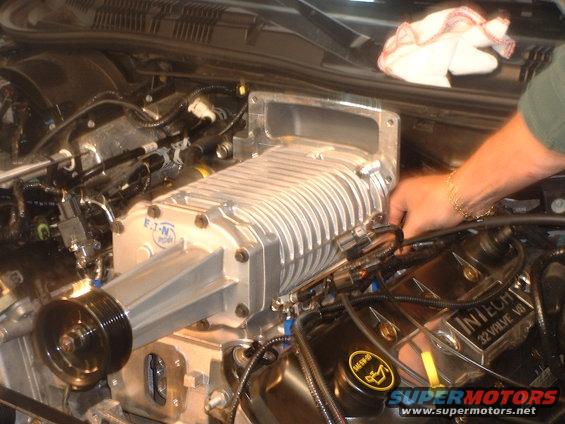 Eaton supercharger being installed on a 32-valve V8 engine