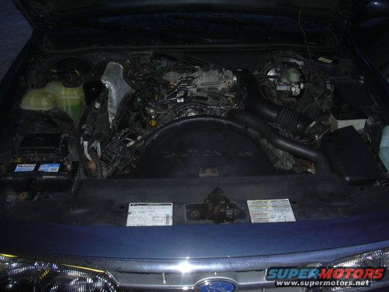 Engine bay of a blue car with visible hoses and components
