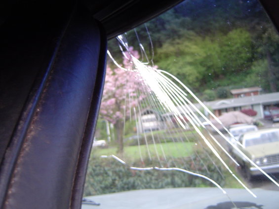 Interior view of a car with a spiderweb crack on the windshield, showing trees and houses outside