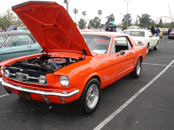 Orange 1965 Ford Mustang coupe, hood open, showing engine. License plate REZ 283