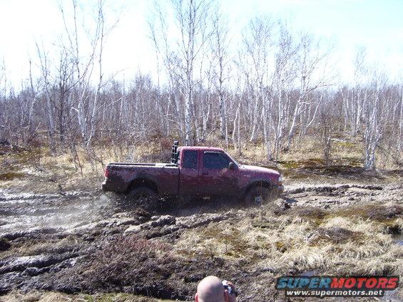 Red pickup truck stuck in mud, trees in background