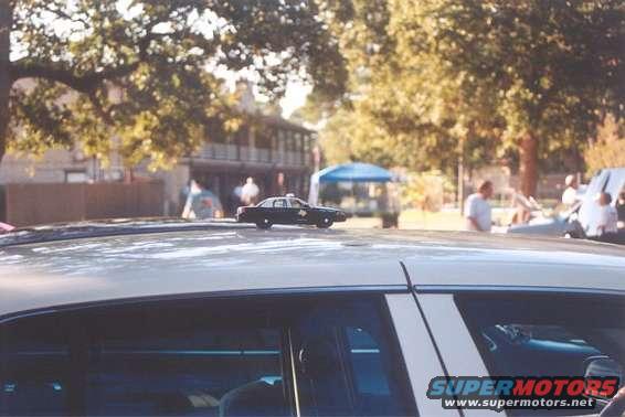 Toy police car on top of a car roof, with a building and trees in the background