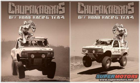 Two off-road trucks with figures on roof, one in desert, one on sand dune