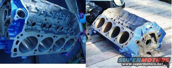 Two blue engine blocks, one with cylinders visible, on a wooden surface