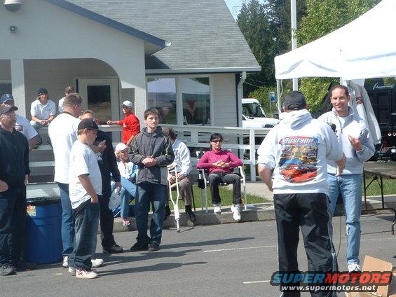 People gathered outdoors, a white van is visible behind a building