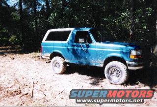 Blue Ford Bronco with white roof, seen from a 3/4 front angle on a dirt road
