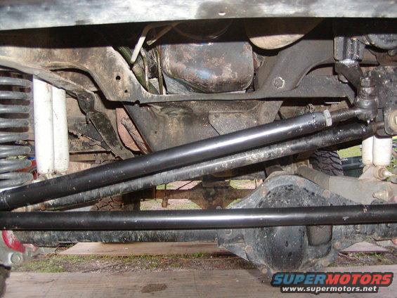 Undercarriage view of a vehicle with heavy-duty suspension components and a differential visible
