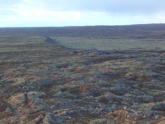 Expansive, rocky, moss-covered terrain under a cloudy sky