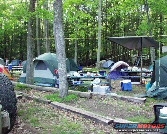 Campsite with tents, picnic tables, and trees