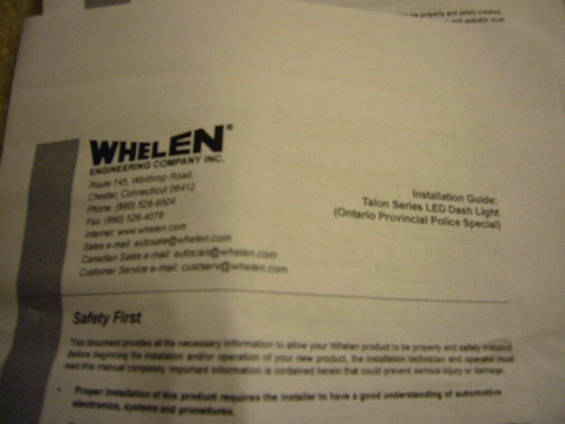 Whelen Engineering Company installation guide for Talon Series LED Dash Light