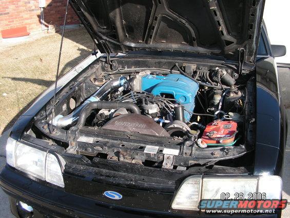 1988 Ford Mustang engine bay with blue valve covers and aftermarket intake