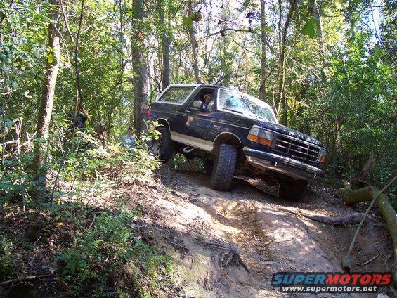 Dark blue 1992 Ford Bronco with a white top, angled on a dirt trail with trees