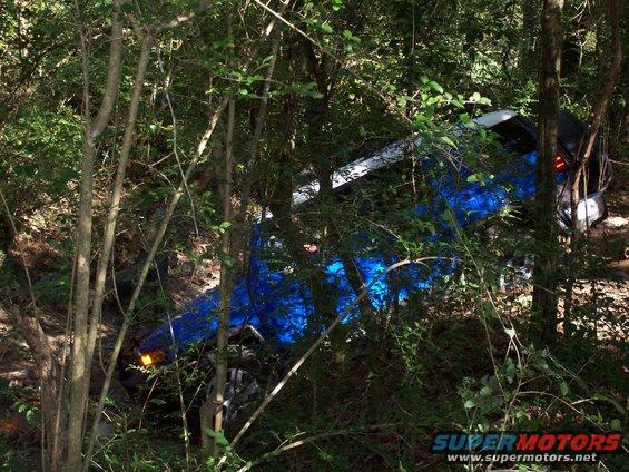 Blue SUV tipped over in woods, partially covered by trees