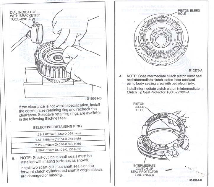 Diagrams showing clutch assembly measurements and installation of a seal protector