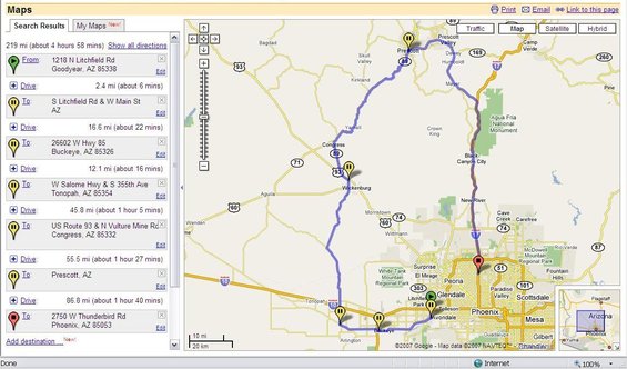 Google Maps route from Goodyear to Phoenix, Arizona