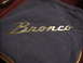 1993 Ford Bronco - A gold Bronco emblem is shown against a dark cloth background, with a hint of wood trim.