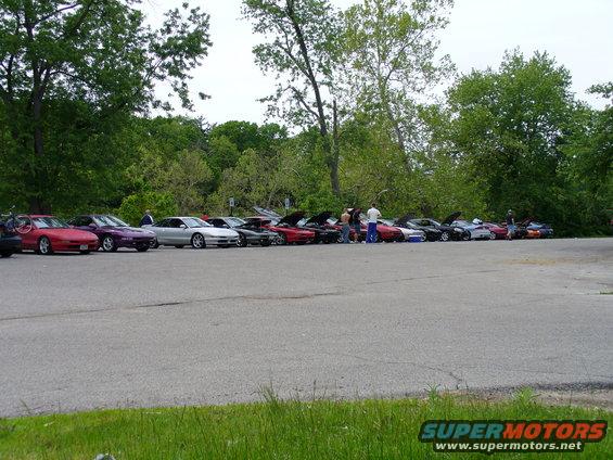 Line of 1991 Ford Probes parked side-by-side, some with hoods open
