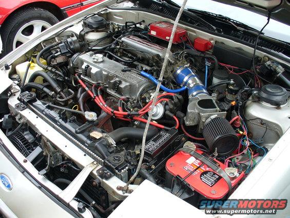 Engine bay with Ford badge on radiator support. Aftermarket air intake