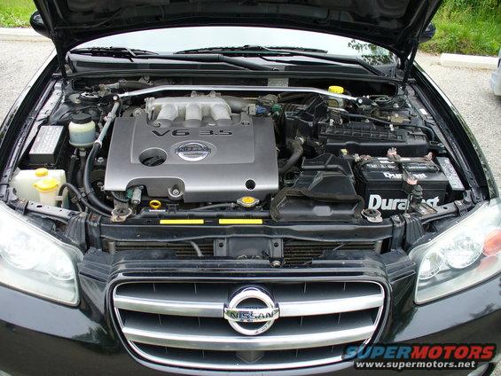 Car engine bay with V6 3.5 engine cover and Nissan logo visible