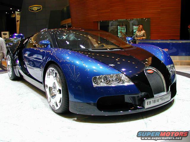 Blue and black Bugatti Veyron with "EB 18/4 "Veyron"" plate