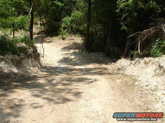Dirt road winding through trees with piles of dirt on the sides