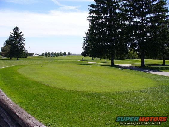 Golf course with green grass, trees, and a path