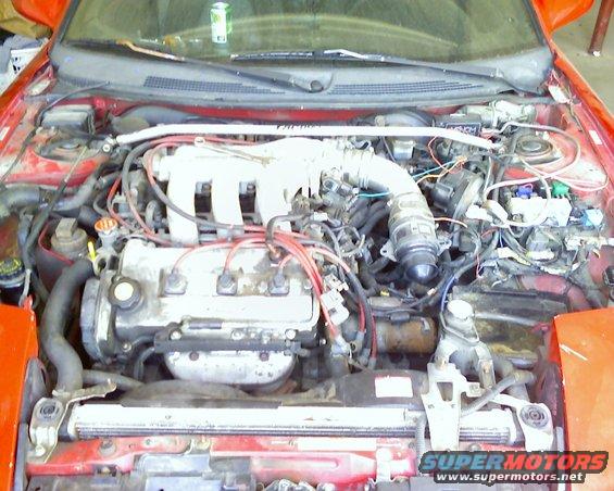 engine bay with hoses, wires, and engine components visible