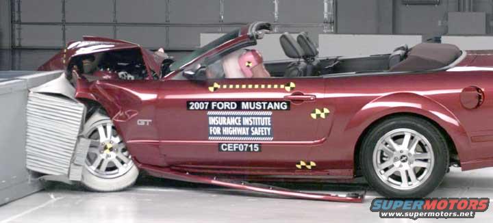 Side view of a wrecked 2007 Ford Mustang convertible after a crash test. Front end is heavily damaged