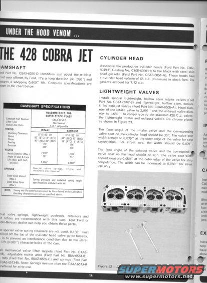 Page from a manual detailing 428 Cobra Jet engine parts like cylinder heads and camshaft specs